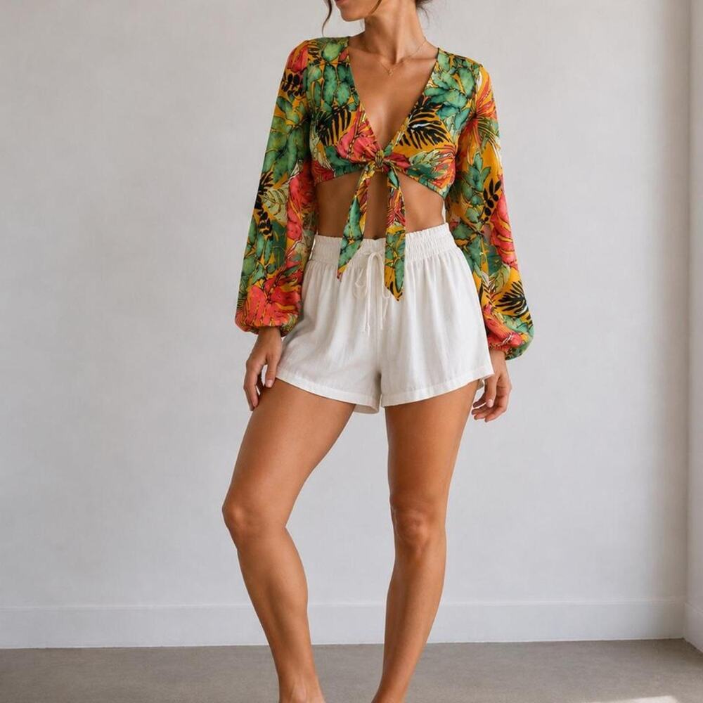 Prettylittlething tropical print crop top